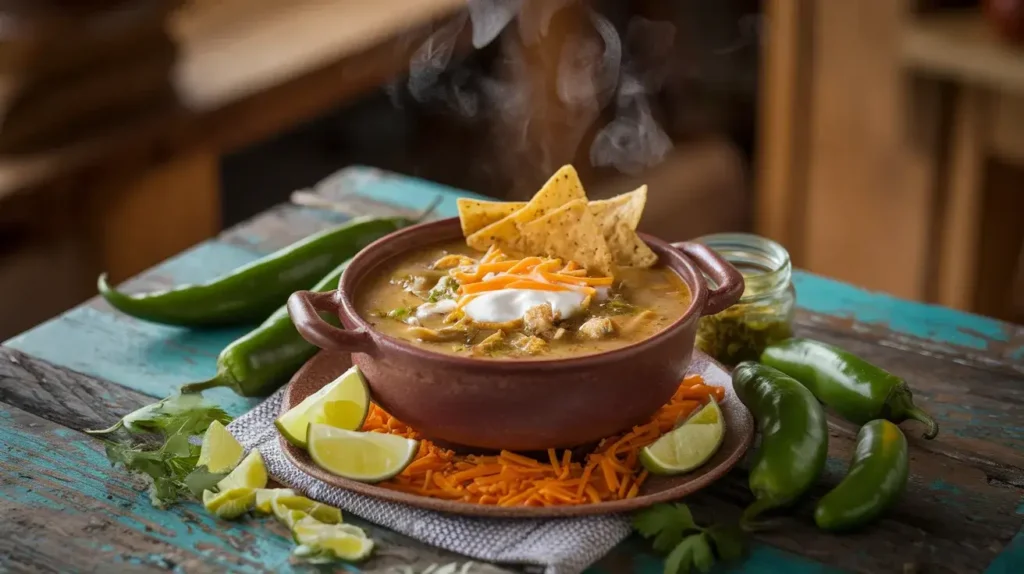 A steaming bowl of green chili chicken soup garnished with cheese, sour cream, and tortilla chips on a rustic wooden table.