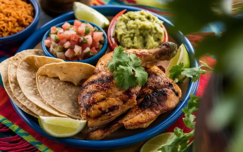 Plated grilled chicken with Mexican sides including tortillas, pico de gallo, and guacamole.