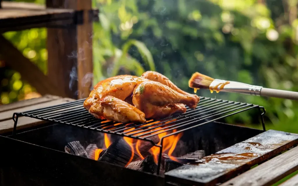 Chicken marinated in bold spices grilling over charcoal flames.