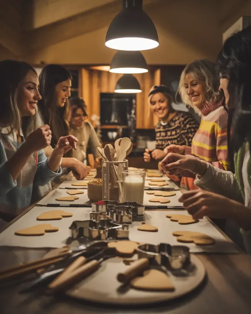 A cookie-baking party setup with heart-shaped cutters, rolled-out dough, and friends preparing Valentine’s Day cookies.