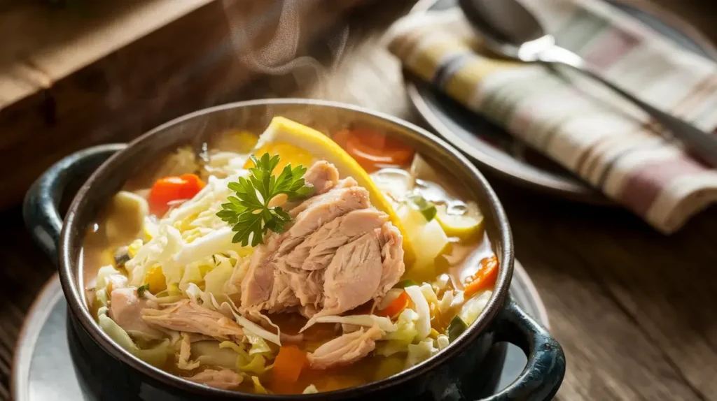 A bowl of chicken cabbage soup garnished with parsley and lemon on a rustic table.