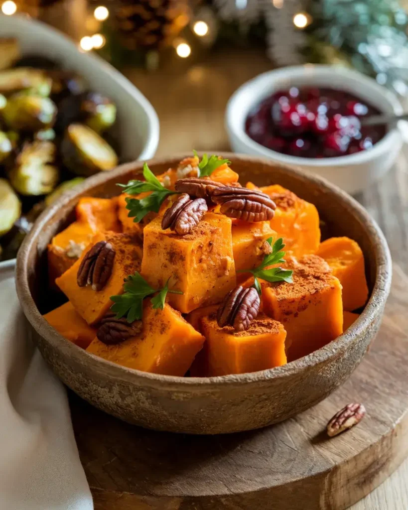 Festive air fryer butternut squash served with pecans and parsley.