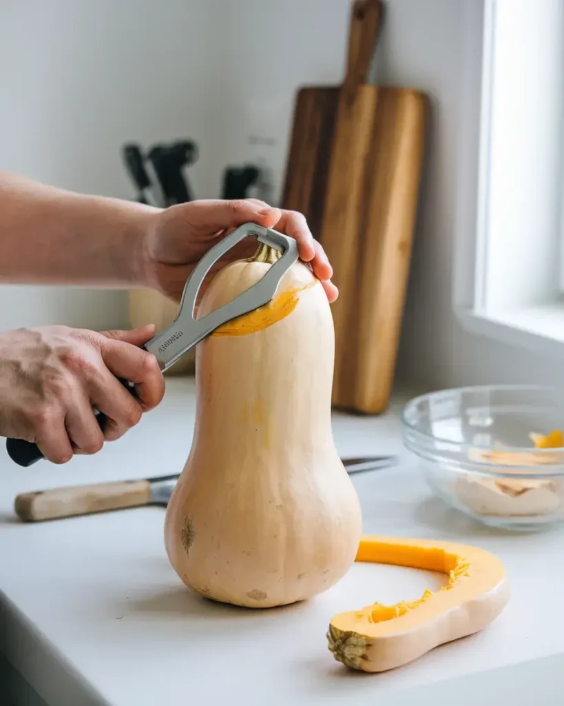 Step-by-step process of peeling butternut squash with a Y-peeler.