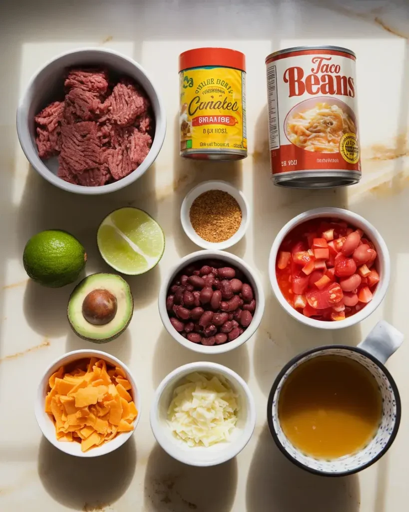 Fresh ingredients for 5 Ingredient Taco Soup including ground beef, taco seasoning, beans, tomatoes, and broth.