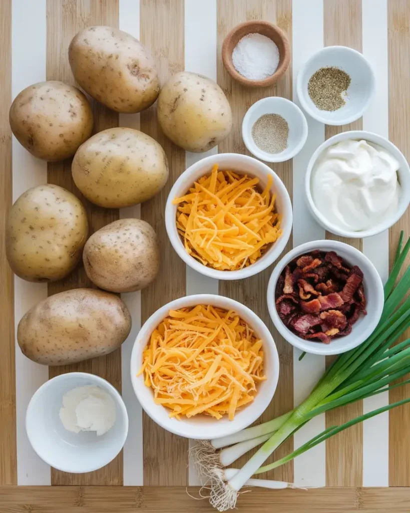 Ingredients for air fryer potato skins, including russet potatoes, cheese, bacon bits, sour cream, and green onions.