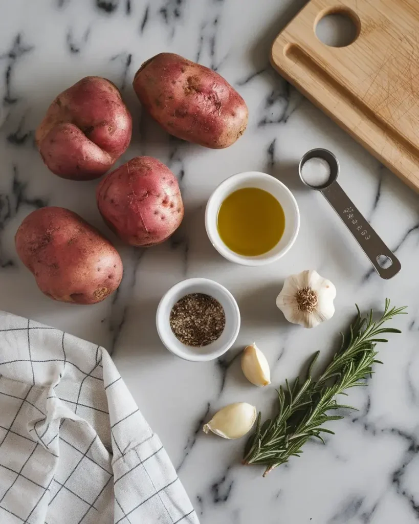 Ingredients for air fryer red potatoes, including red potatoes, olive oil, garlic, and fresh rosemary on a marble countertop.