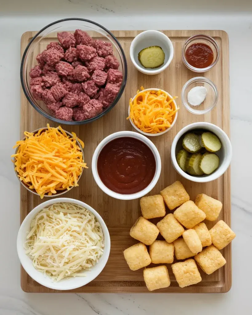 Ingredients for Big Mac Casserole including beef, cheese, and pickles.