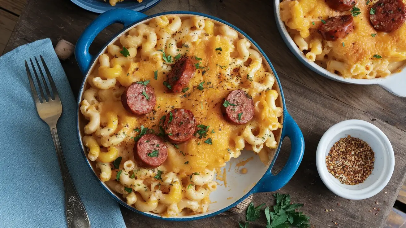 A golden, bubbly dish of Cajun Mac and Cheese topped with parsley and sausage on a rustic wooden table.