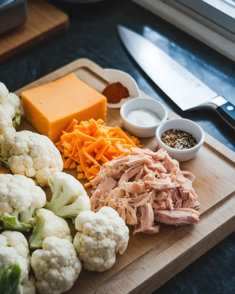 Fresh cauliflower florets, shredded chicken, and Cheddar cheese with seasonings on a cutting board in a kitchen.