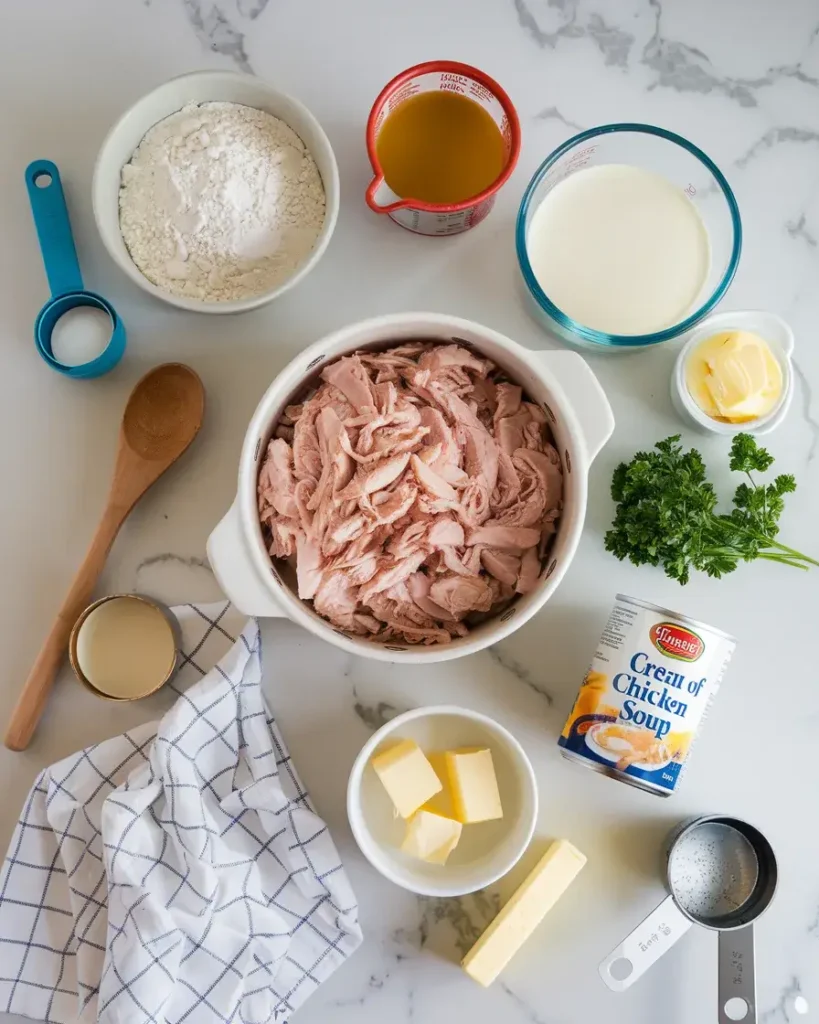 Ingredients for Chicken and Dumpling Casserole, including shredded chicken, flour, milk, and chicken broth, arranged on a marble surface.