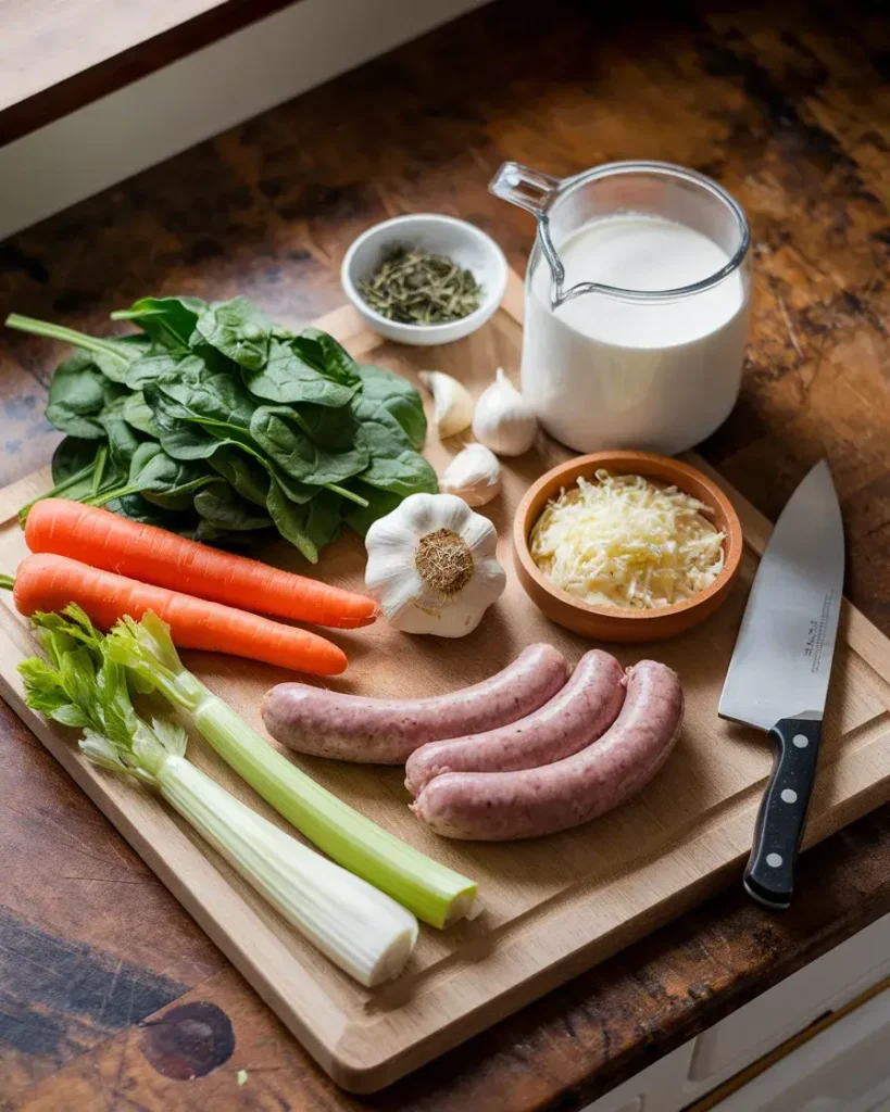 Fresh ingredients for creamy Parmesan Italian sausage soup.