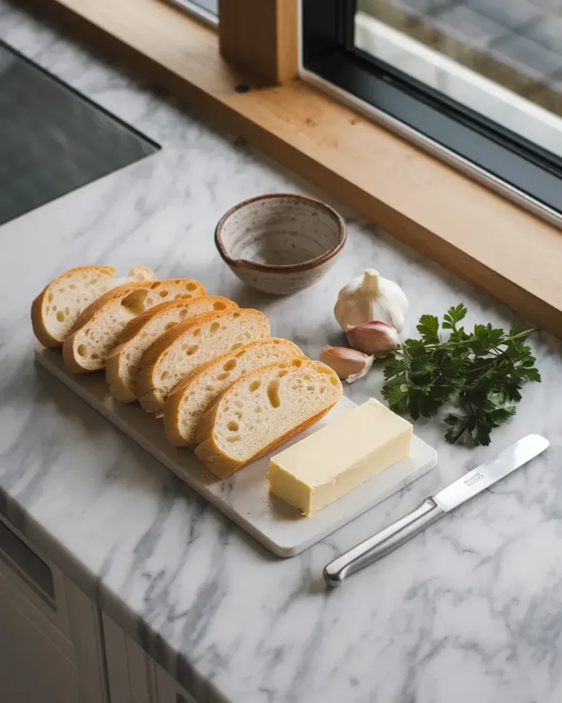 Ingredients for garlic bread, including bread slices, butter, garlic cloves, and parsley, arranged on a marble counter.