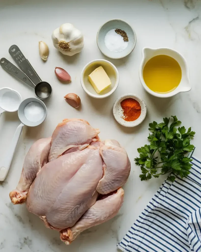 Ingredients for Garlic Butter Chicken Bites on a marble countertop.