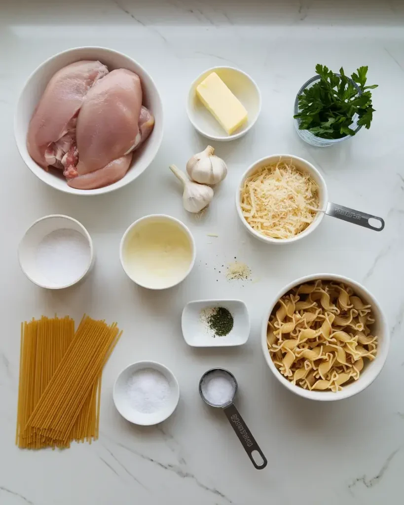 Ingredients for Garlic Parmesan Chicken Pasta on a marble countertop.