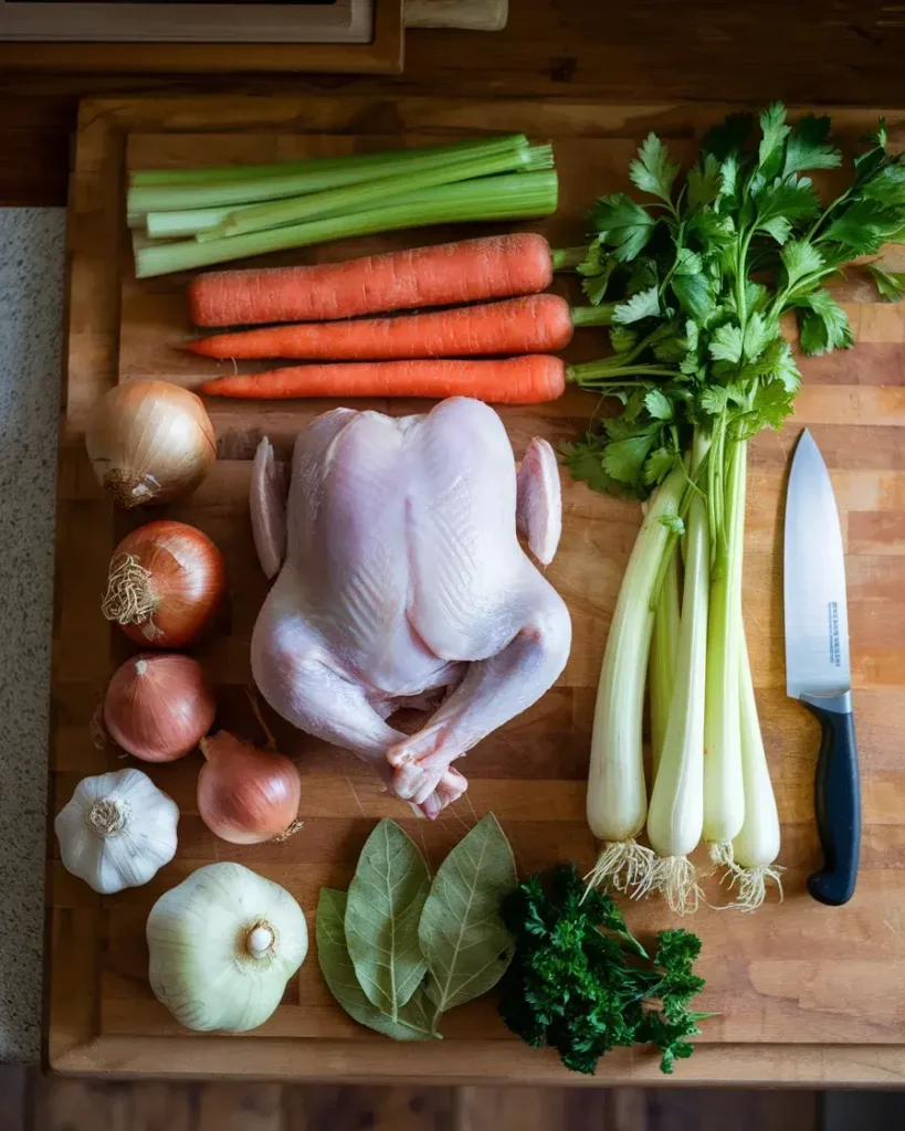 Ingredients for Grandma’s Chicken Soup: raw chicken, carrots, celery, onions, garlic, and parsley on a wooden countertop.