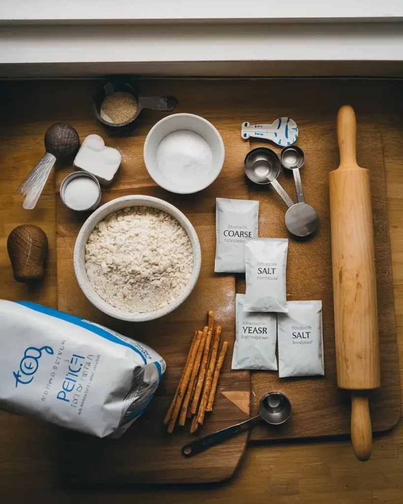 Ingredients for making pretzel sticks, including flour, yeast, coarse salt, sugar, and baking soda, with baking tools nearby.