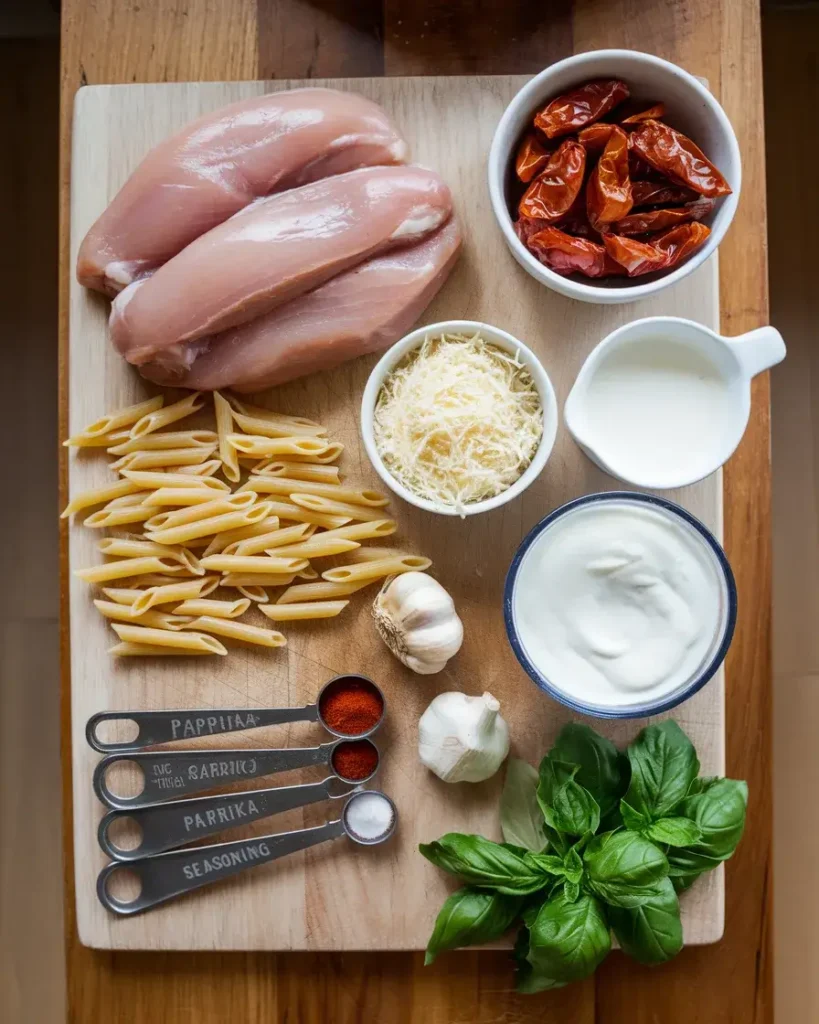 Ingredients for Marry Me Chicken Pasta, including chicken, penne, sun-dried tomatoes, parmesan, heavy cream, and fresh basil.