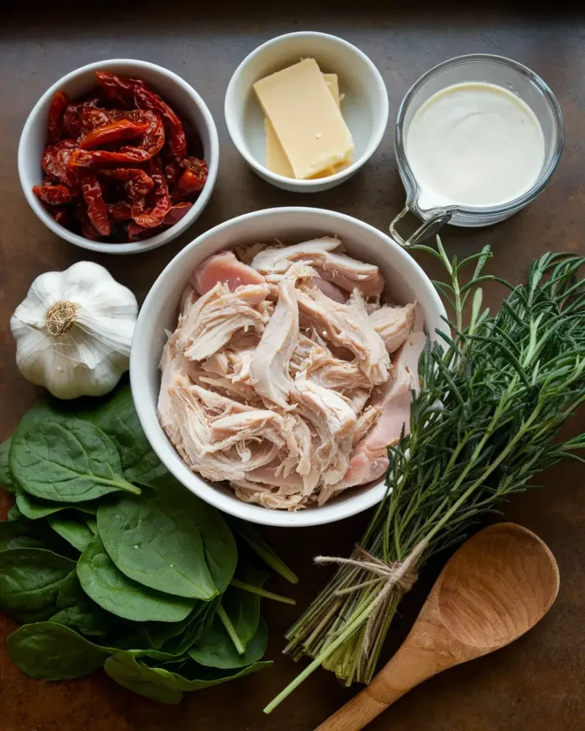 Ingredients for Marry Me Chicken Soup, including chicken, sun-dried tomatoes, Parmesan, spinach, and garlic.