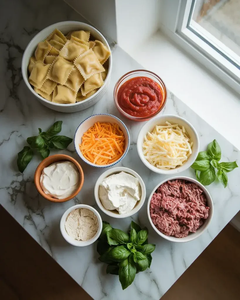 Ingredients for million dollar ravioli casserole, including ravioli, cheeses, marinara sauce, and basil.