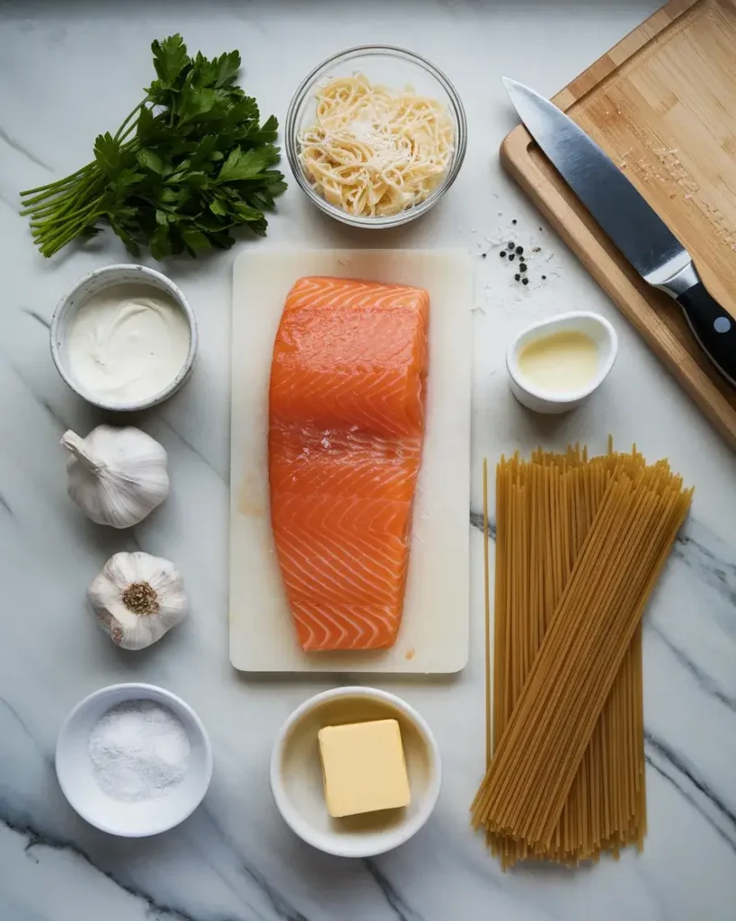 Ingredients for Salmon Alfredo Pasta, including salmon, Parmesan, cream, butter, garlic, and fettuccine, laid on a marble surface.