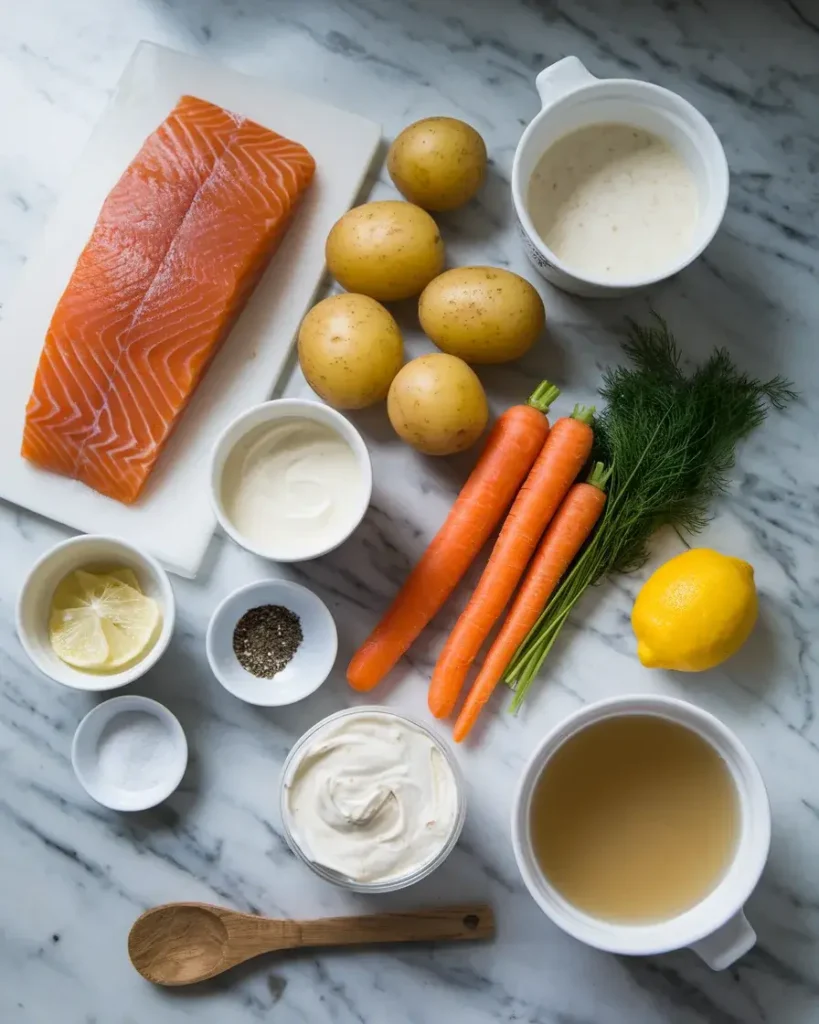 Fresh ingredients for Salmon Soup in 30 Minutes, including salmon, potatoes, carrots, cream, onion, dill, and broth, on a marble surface.