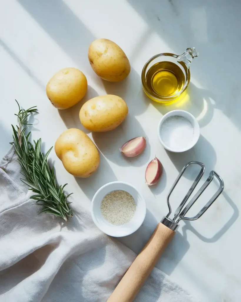 Ingredients for smashed potatoes, including baby potatoes, olive oil, garlic, and rosemary, on a marble countertop.