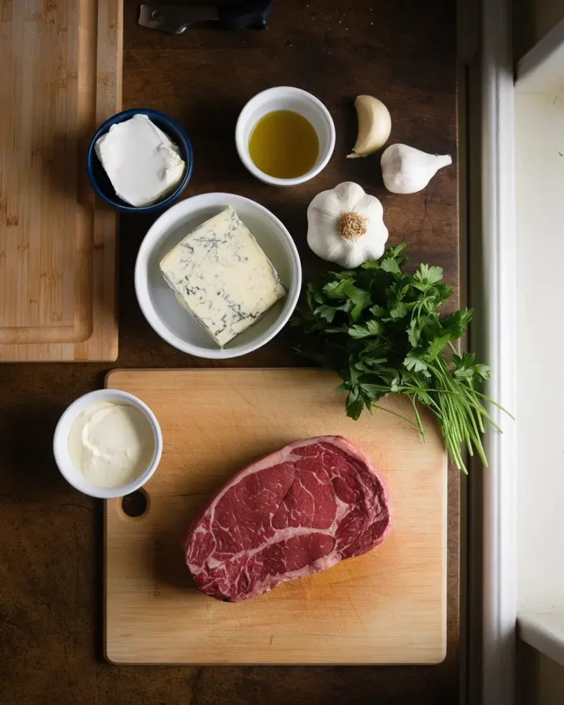 Fresh ingredients for Steak Gorgonzola, including steak, Gorgonzola cheese, cream, garlic, and parsley, on a wooden counter.