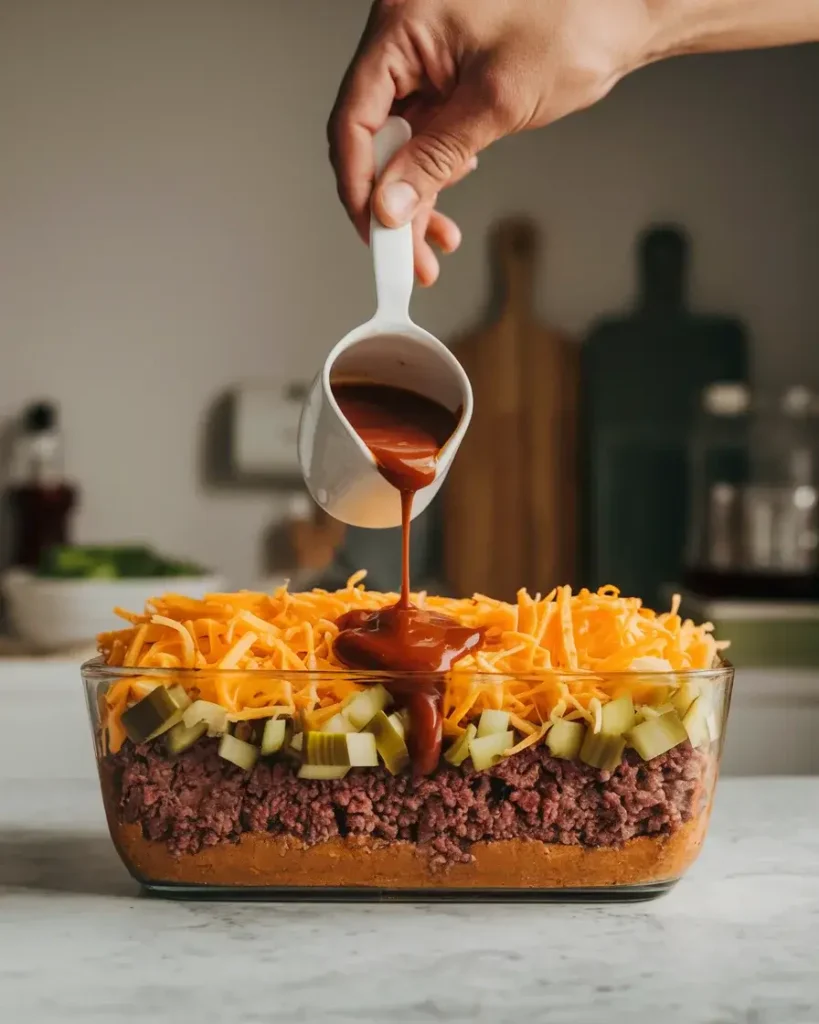 Layers of ground beef, cheese, and pickles for Big Mac Casserole.