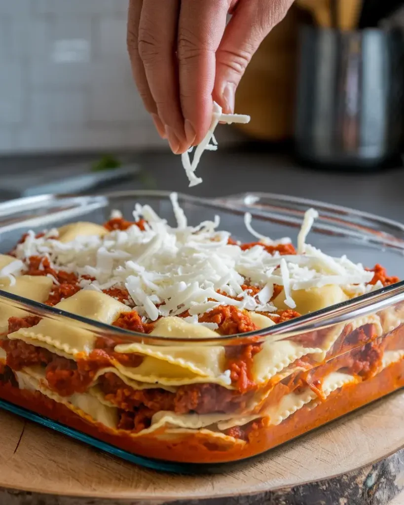 Assembly of a million dollar ravioli casserole, with layers of ravioli, meat sauce, and cheese.