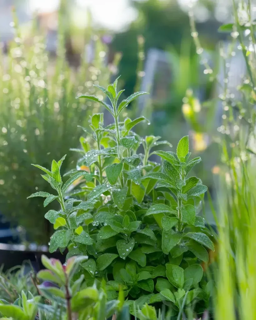 Thriving lemon balm plant in a backyard herb garden with fresh, dewy leaves.