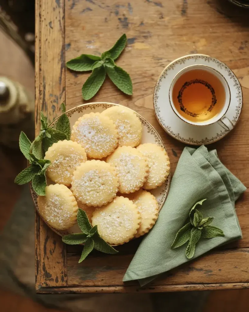 Plate of lemon balm shortbread cookies dusted with powdered sugar and served with fresh herbs and tea.