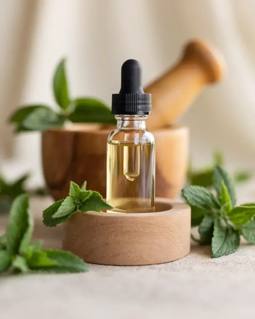 Glass dropper bottle of lemon balm tincture with fresh leaves and a wooden mortar and pestle.