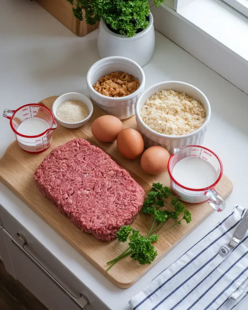 Ingredients for Lipton Onion Soup Meatloaf, including ground beef, soup mix, breadcrumbs, and eggs.