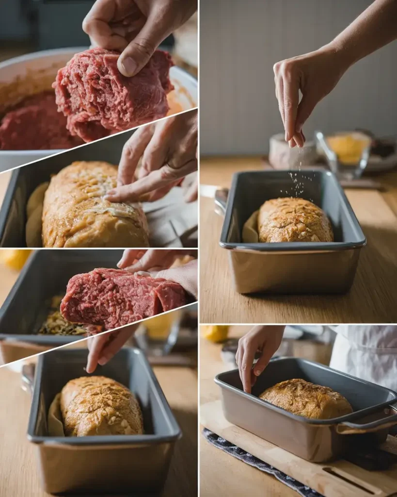 Step-by-step preparation of Lipton Onion Soup Meatloaf, from mixing ingredients to shaping the loaf.