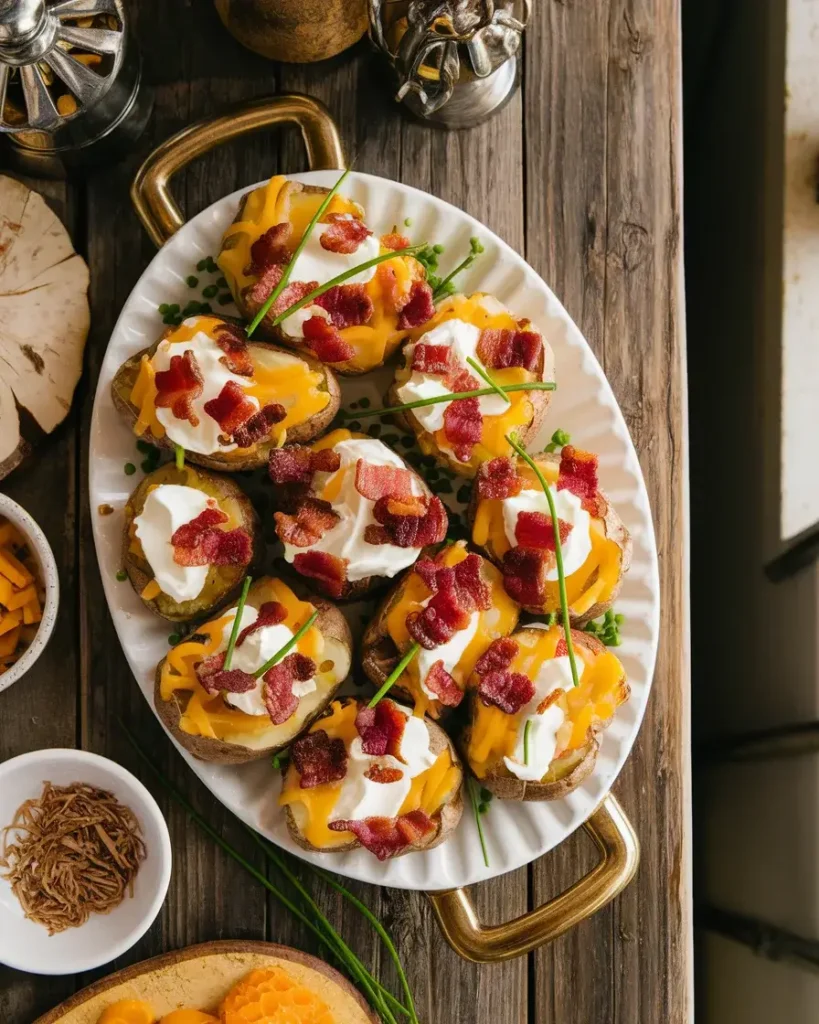 Smashed potatoes topped with cheese, bacon, sour cream, and chives on a serving platter with toppings on the side.