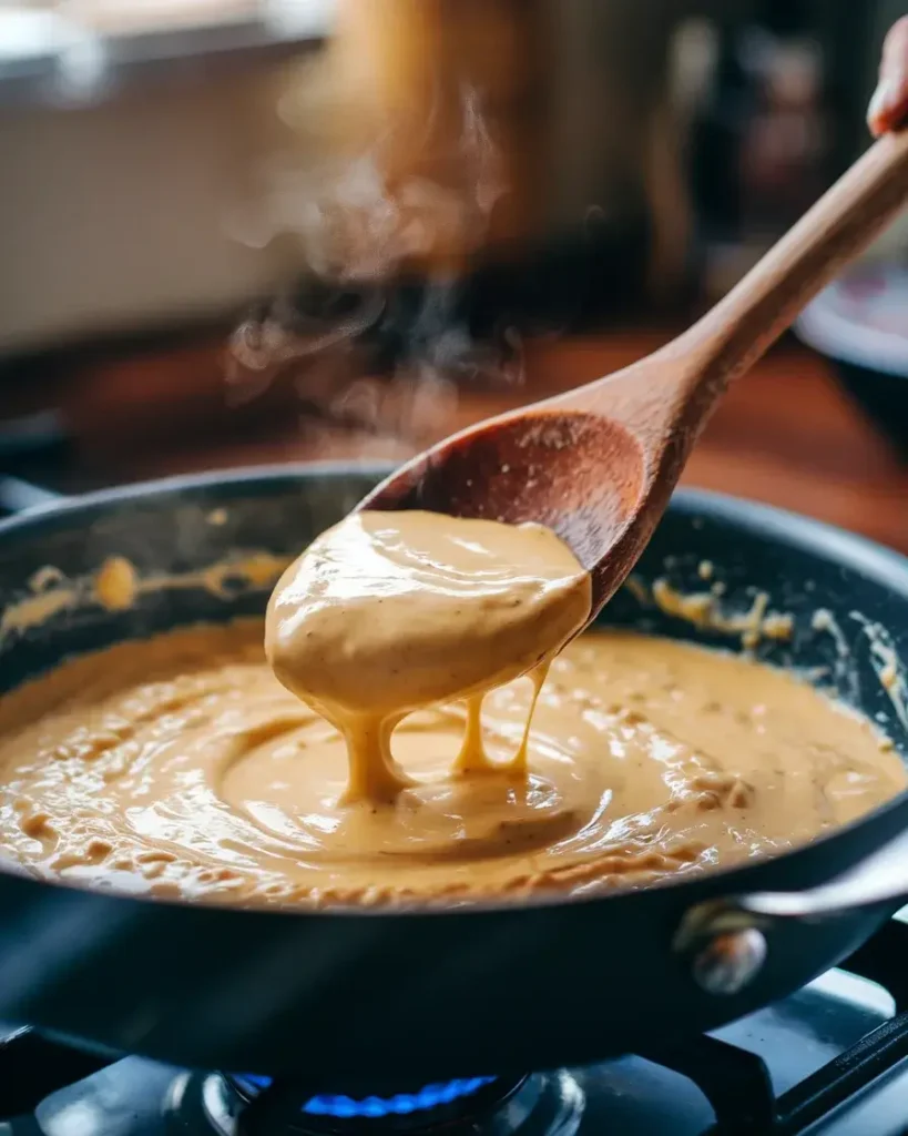 Wooden spoon stirring creamy cheese sauce for Philly Cheesesteak Pasta.