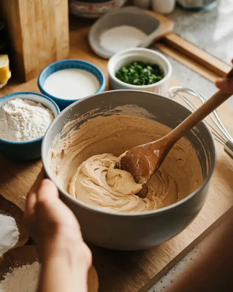 A bowl of dumpling batter being stirred with a wooden spoon, surrounded by flour, milk, and parsley on a kitchen counter.