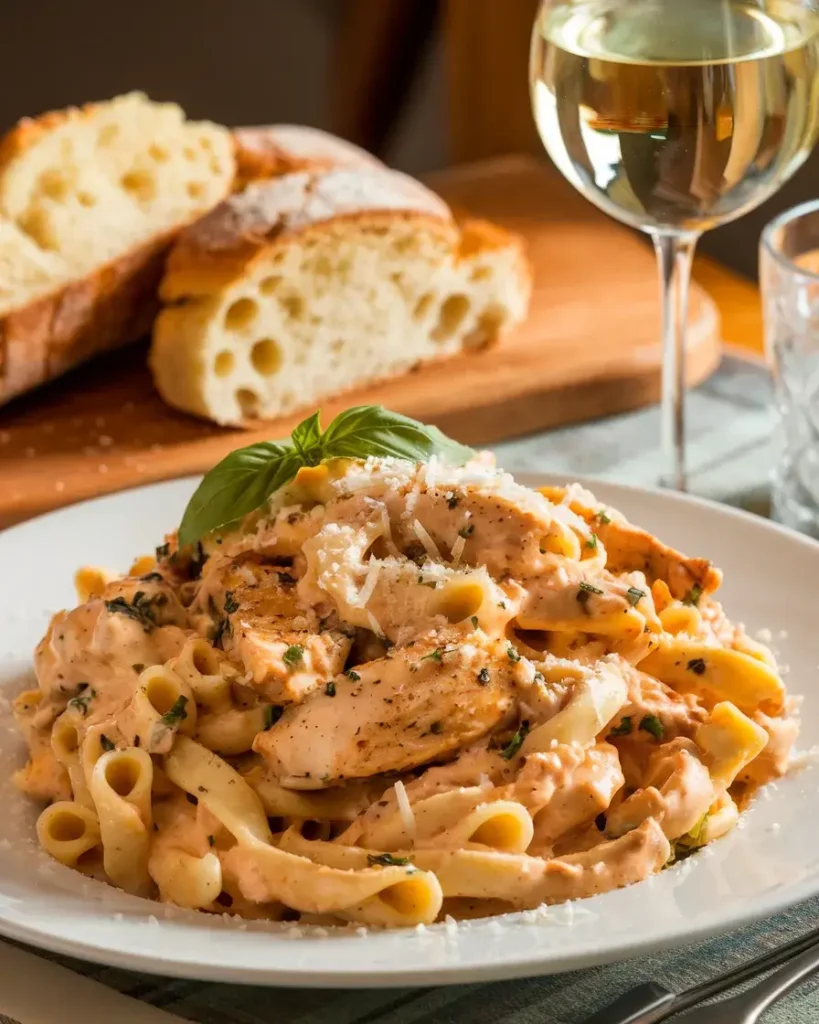 A plate of Marry Me Chicken Pasta garnished with basil and parmesan, served with garlic bread and white wine.