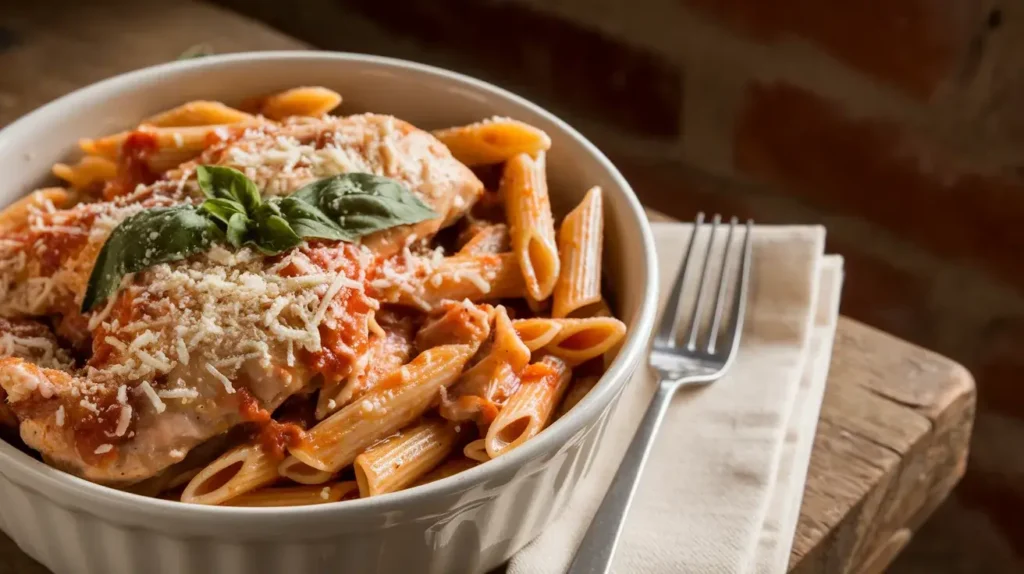 A bowl of Marry Me Chicken Pasta with creamy sauce, garnished with parmesan and basil, placed on a rustic wooden table.