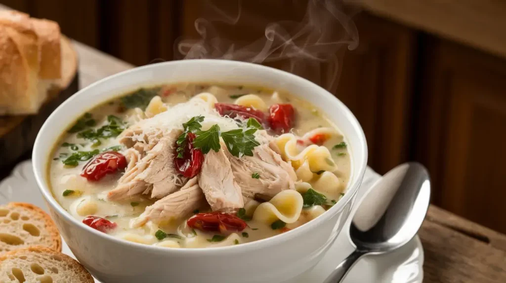 A bowl of Marry Me Chicken Soup with creamy broth, shredded chicken, and sun-dried tomatoes garnished with parsley.