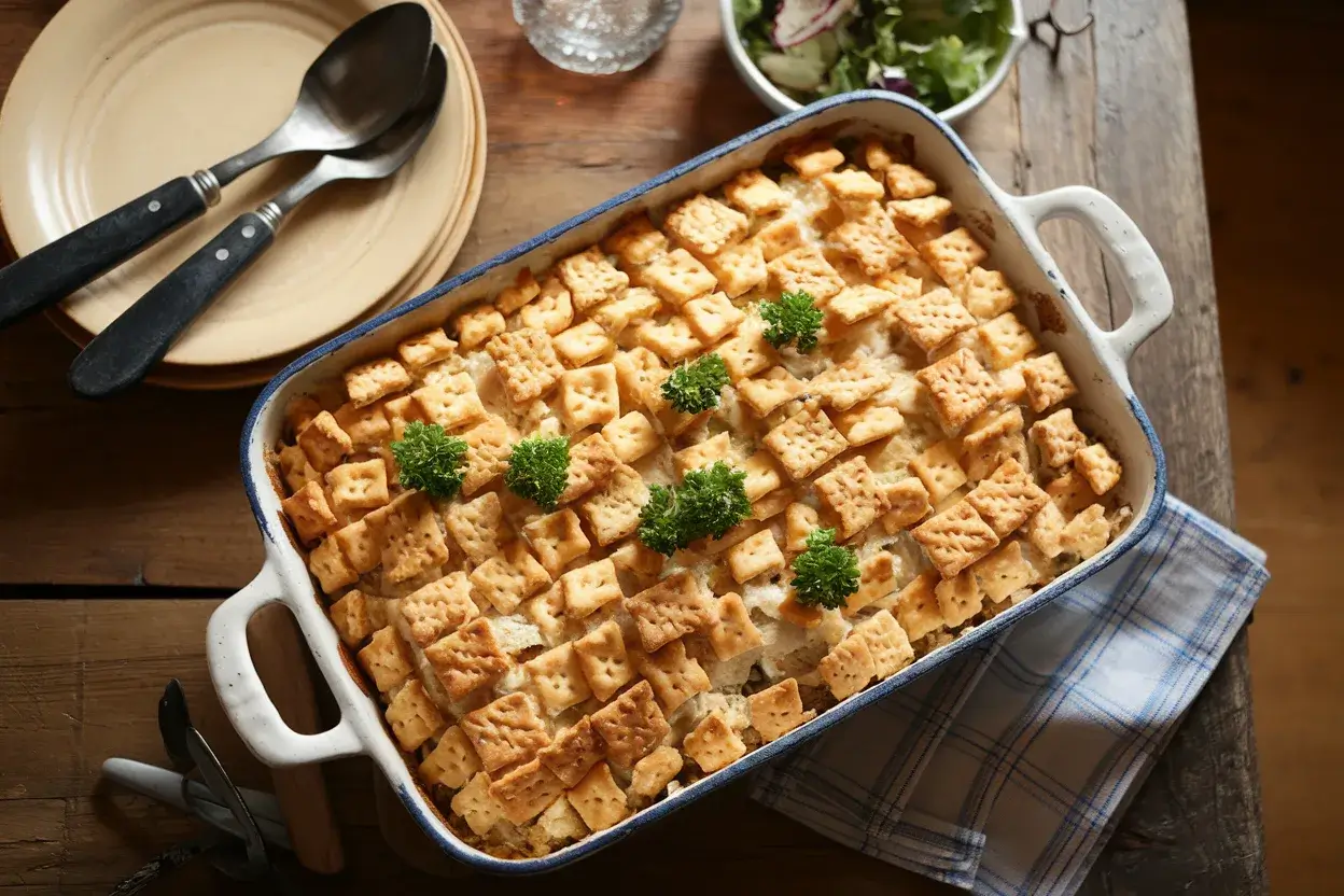 Million Dollar Chicken Casserole with golden topping in a rustic white dish.