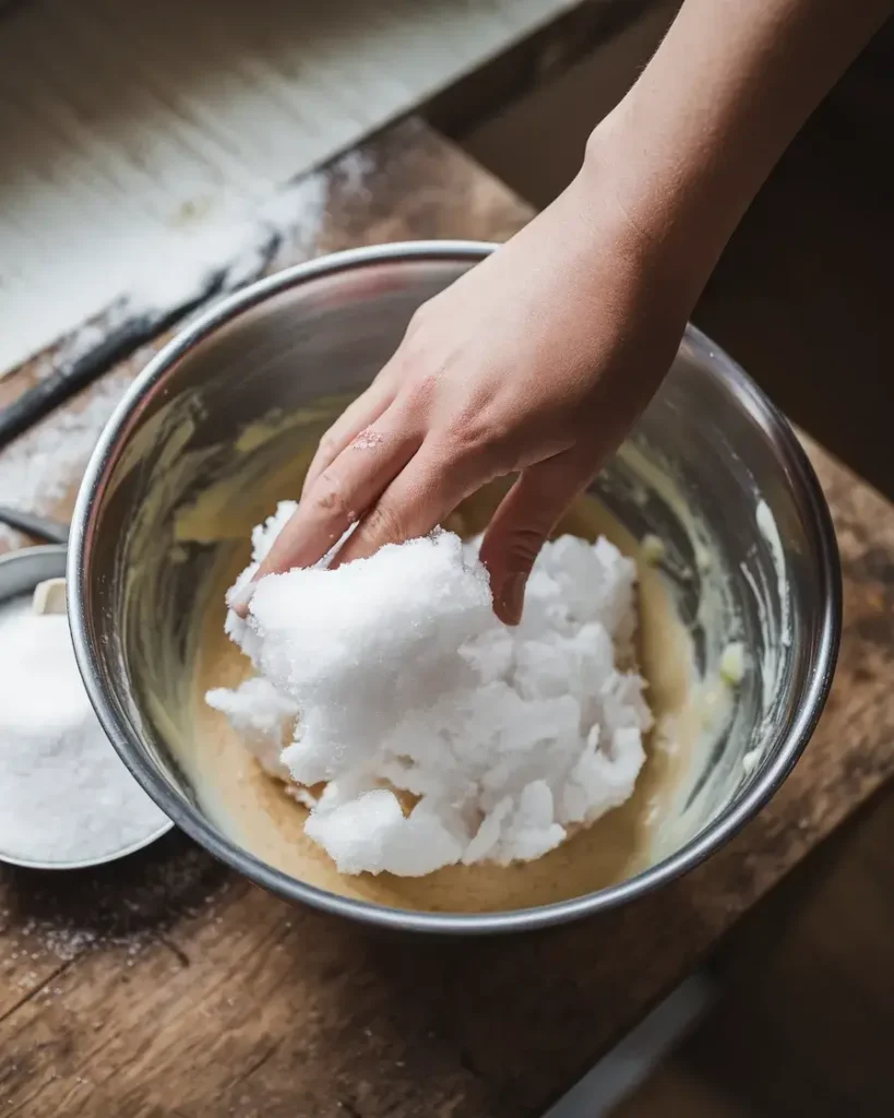 A hand folding fresh snow into a creamy base for a snow cream recipe.