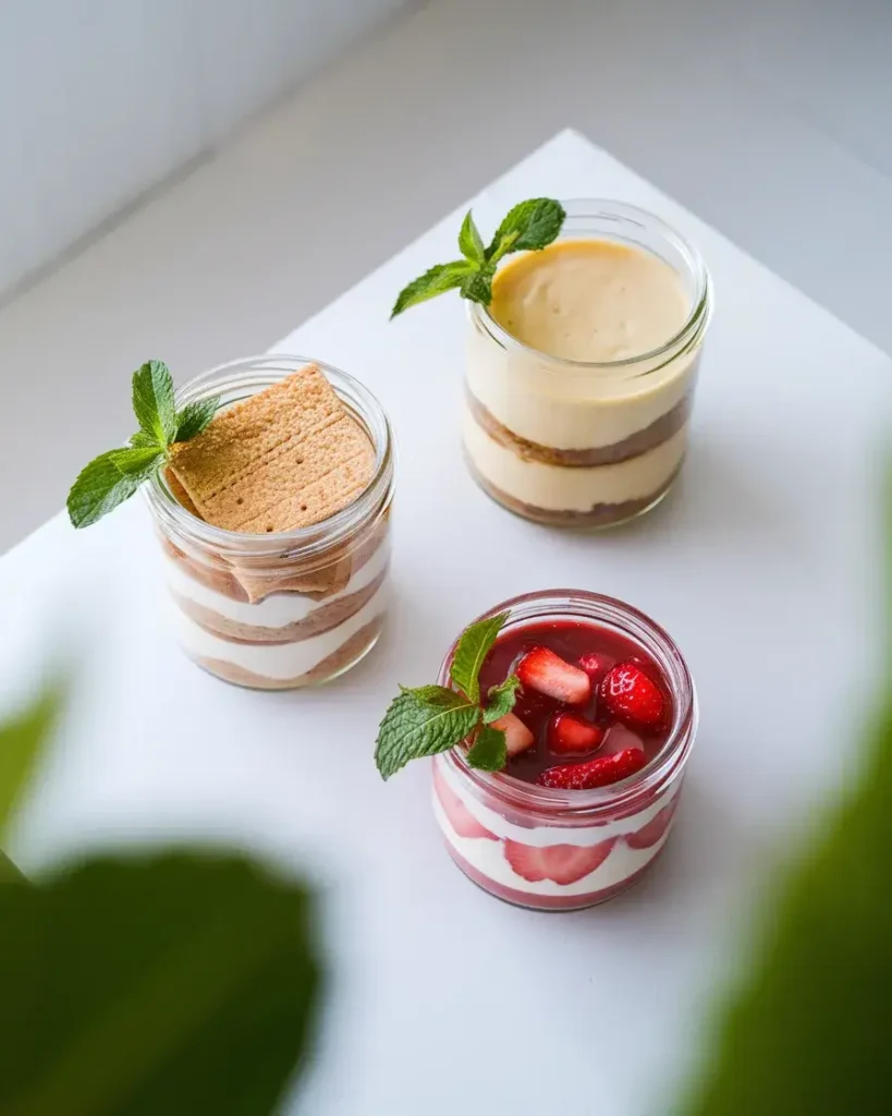 No-bake cheesecake jars with graham cracker crust, creamy filling, and strawberry topping, garnished with mint.