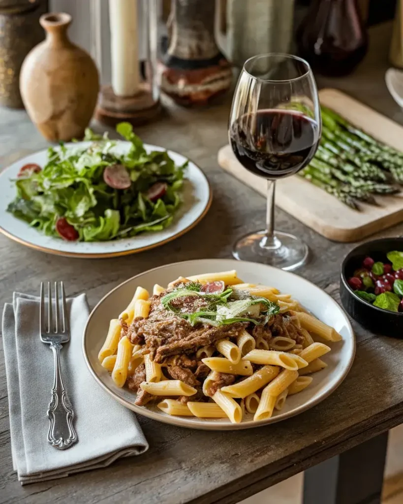 Philly Cheesesteak Pasta served with salad and wine.