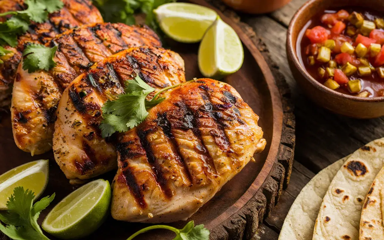 Perfectly grilled chicken with Mexican marinade, garnished with lime and cilantro on a wooden plate.