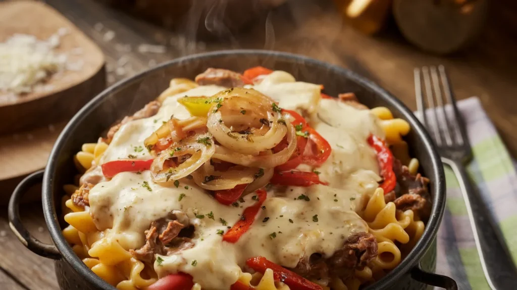 Close-up of Philly Cheesesteak Pasta in a bowl with melted cheese, onions, and bell peppers on a rustic wooden table.