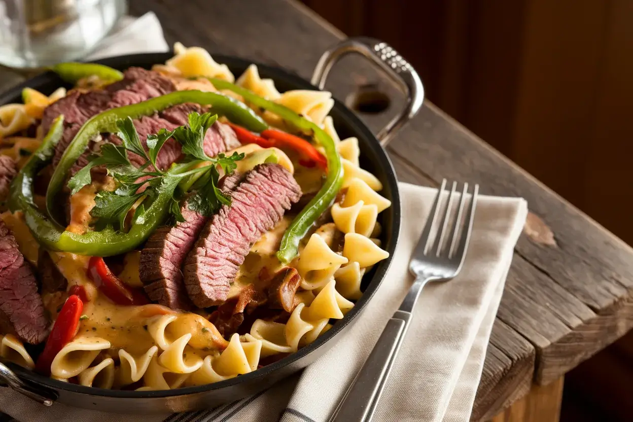 Skillet of Philly Cheesesteak Pasta with tender steak and creamy cheese sauce.