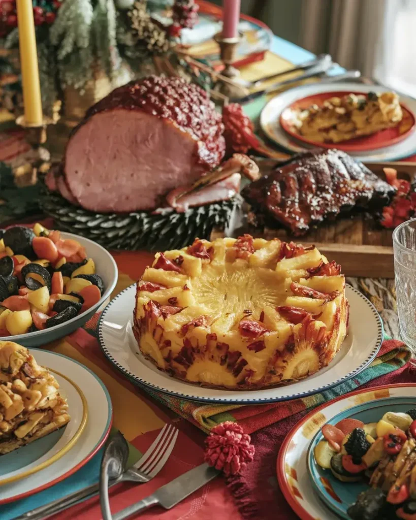 Pineapple casserole served with glazed ham, barbecue ribs, and roasted vegetables on a holiday table.