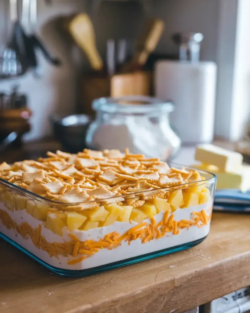 A casserole dish being prepared with pineapple, cheddar cheese, and Ritz cracker topping, surrounded by ingredients.