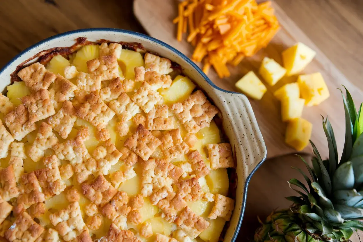 Golden-baked pineapple casserole in a rustic dish with cheddar cheese and pineapple chunks on a wooden table.